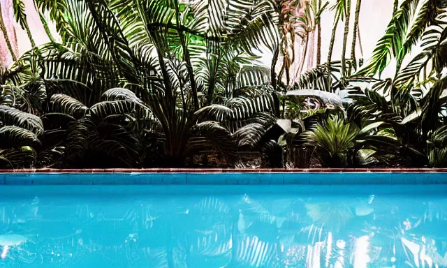 Image similar to indoor pool with ferns and palm trees, pool tubes, chromatic abberation, dramatic lighting, depth of field, 80s photo