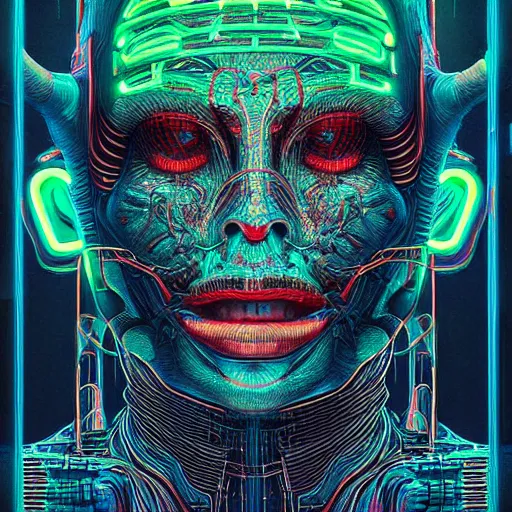 Prompt: ancient neon monster portrait, intricate artwork by josan gonzalez, artgerm, h. r. giger, kilian eng, very coherent artwork, cinematic, hyper realism, vibrant, octane render, unreal engine, 8 k, high contrast, higly detailed black ink outline, super high definition,