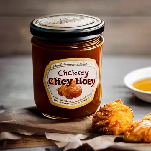 Prompt: chicken honey, honey with fried chicken floating inside the jar, we make our honey fresh with batches of chicken, food product promo, studio photography