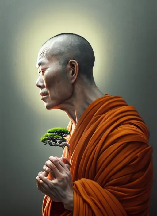 Prompt: shinto monk with a bonsai growing out of his head, intricate, rim light, octane render, by tomasz alen kopera, cgsociety and fenghua zhong, highly detailed, art, cinematic lighting, very coherent, hyper realism, high detail, 8 k