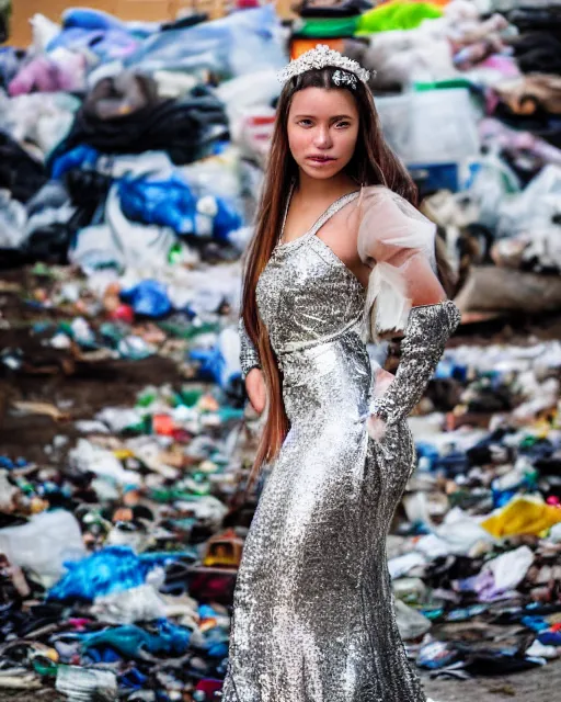 Image similar to a beautiful photo of a Young female with long hair and reflective eyes, Queen of trash wearing a gown made of plastic bags and trash, surrounded by trash all around and in the background, top cinematic lighting , very detailed, shot in canon 50mm f/1.2