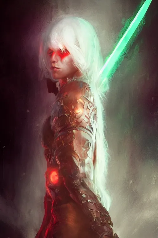 Image similar to 4k HD digital full body portrait of Elric of Melibourne, long white hair, black paper, vivid colors, Long black sword with red glowing runes, by Bastien LeCouffe-Deharme, Craig Mullins, Marc Simonetti, trending on Artstation