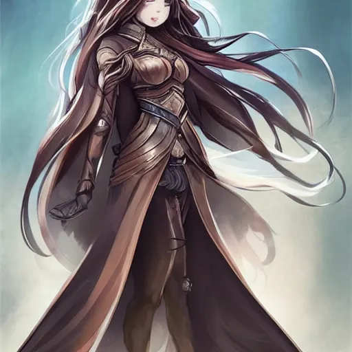 Image similar to “A detailed stunning and beautiful anime woman with brown flowing hair, long blue-cape, decorative leather armor, great proportions, excellent detail, surrounded by a catacomb of books, high quality, Full-body character portrait, trending on artstation, by rossdraws”