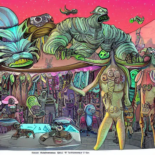 Image similar to crowded extraterrestrial bazaar on another planet, Jim Henson creature shop, highly detailed, illustration