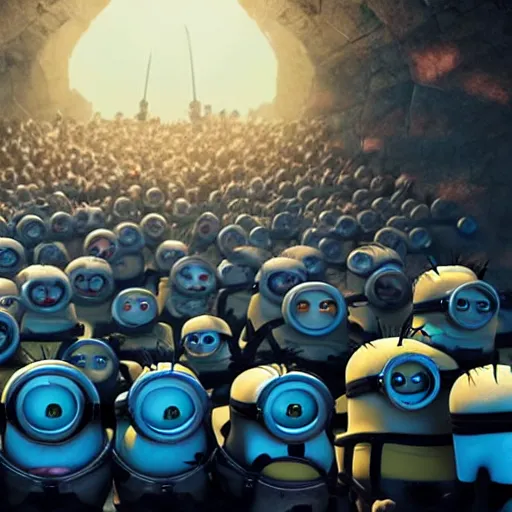 Prompt: POV of a group of minions chasing you angrily. The minions are carrying torches and pitchforks. The minions are angry. concept art, sharp lighting, 4k, detailed, Peter Jackson, Ridley Scott, bright colors