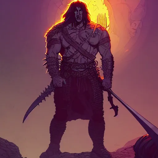 Prompt: cell shaded cartoon, a portrait of a fully armored evil warlock version of conan the barbarian, illustration, wide shot, subtle colors, concept art by josan gonzales and wlop, laurie greasley, jordan grimmer and james jean, highly detailed, sharp focus, trending on artstation, hq, deviantart, art by artgem