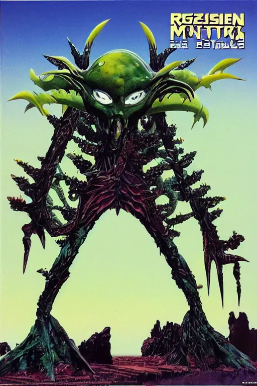 Prompt: a tokusatsu monster realistic with iron spikes album cover by roger dean