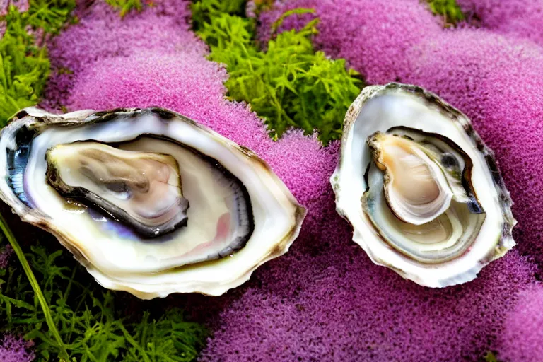 Prompt: a romantic dlsr photoportrait of an oyster in the field of flowers. pastel colors, blurred background. sharp focus on the oyster, 5 0 mm lens, professional light