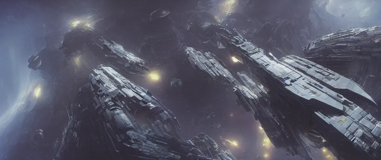 Image similar to concept art, a single and huge generation ship, a spaceship traveling to new worlds, deep space exploration, the expanse tv series, industrial design, dynamic angle, high energy and motion, spatial phenomena, cinematic lighting, 4k, greebles, widescreen, wide angle, beksinski, sharp and blocky shapes