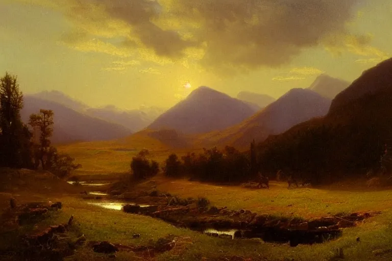 Image similar to a beautiful oil painting of a Scottish Highland landscape, evening light, by Albert Bierstadt