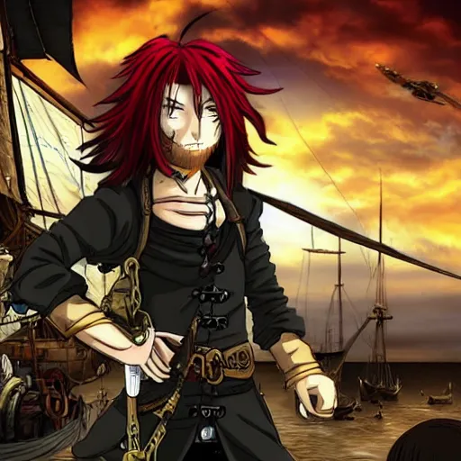 Image similar to sky-pirate with long red hair in front of a steampunk airship, vinland saga, anime style