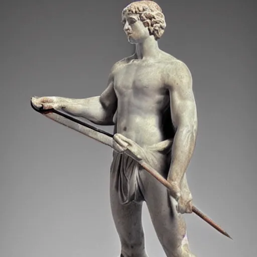 Prompt: a marble statue of a man holding a square shovel like a sword, renaissance style