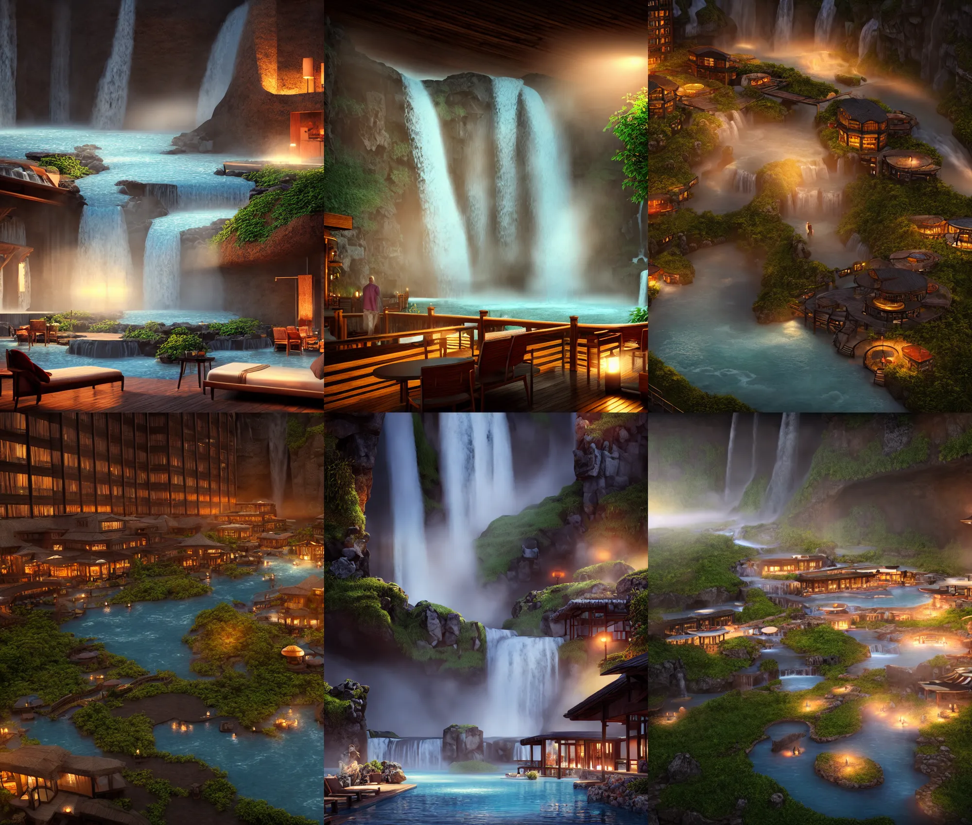 Prompt: establishing wide shot inside resort hotel, beside the combination of iceland hot springs and yangtze river waterfalls, movie still, night light, soft sunbeam, travel ad, detailed concept art, artstation, realistic, fine details, 4 k, unreal engine, hyperrealism, detailed textures