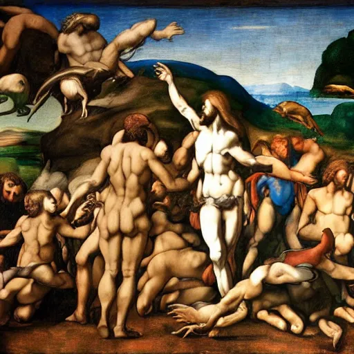 Image similar to Michael Angelo's Creation of Adam with dinosaurs instead of people