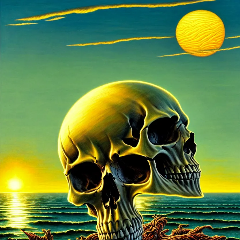 Image similar to a skull that is the sun rising just above the horizona over the sea by dan mumford and vladimir kush and donato giancola and ted withers and peter driben and brom and roberto ferri, green water, highly detailed, high contrast, intricate details, blended palette