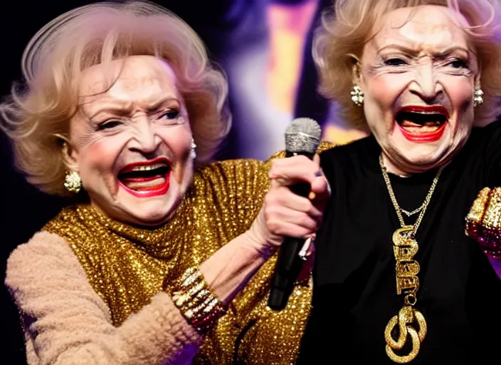 Prompt: publicity photo still of betty white as a gangsta rapper covered in gold chains, with grills in teeth and wearing a jumpsuit live on stage, 8 k, live concert lighting, mid shot