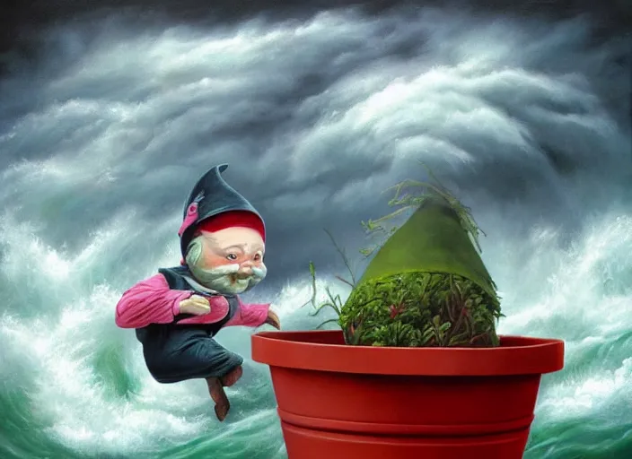 Image similar to a terrified garden gnome sailing in a bucket, background of raging ocean on a stormy with dramatic clouds, an ultrafine detailed painting by mark ryden, trending on deviantart, pop surrealism, whimsical, lowbrow, danger, perfect symmetrical face