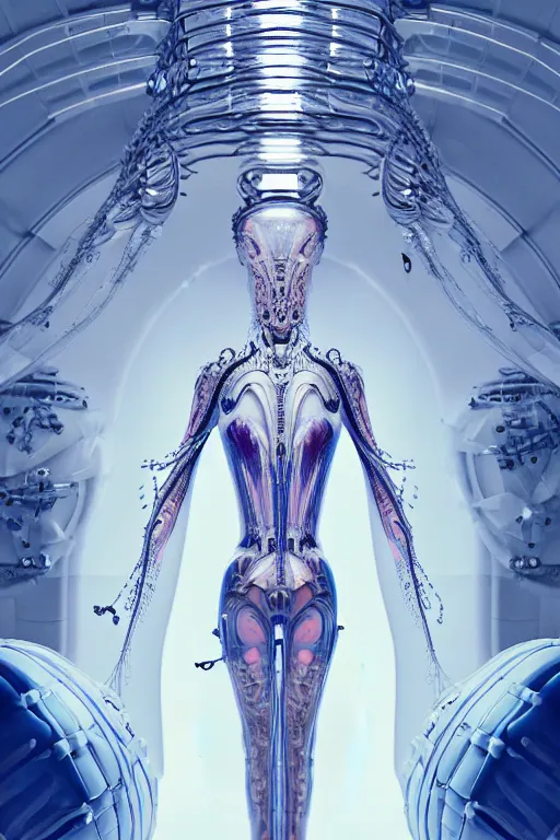 Image similar to background space station, baroque inflateble dress iris van herpen positing on floor, perfect symmetrical, full body shot, white helmet on face, inflateble shapes, wires, tubes, veins, jellyfish, white biomechanical details, wearing epic bionic implants, masterpiece, intricate, biopunk, vogue, highly detailed, artstation, concept art