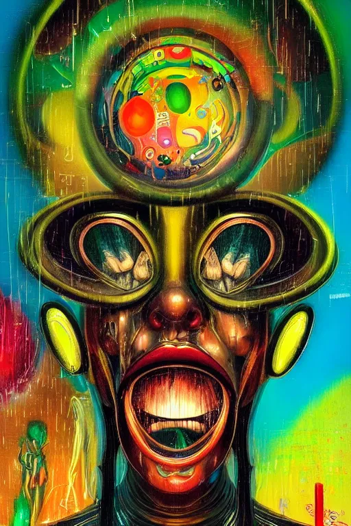 Image similar to 8 0 s art deco close up portait of mushroom head with big mouth surrounded by spheres, rain like a dream oil painting curvalinear clothing cinematic dramatic cyberpunk fluid lines otherworldly vaporwave interesting details epic composition by basquiat artgerm