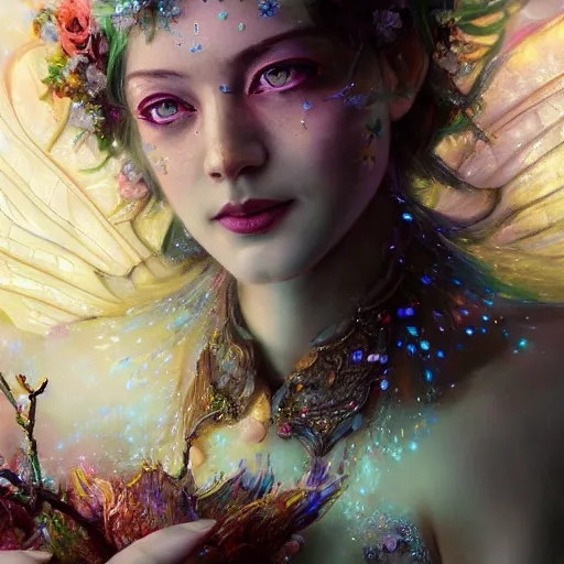 Prompt: face closeup of magical fairy flowers and ice velvet, 1 1 1 1 1 1 1 1, diamonds, angels, 3 d render, hyper - realistic detailed portrait, holding fire and electricity rainbow, ruan jia, wlop. scifi, fantasy, magic the gathering, hyper detailed, octane render, concept art, peter mohrbacher c 2 0