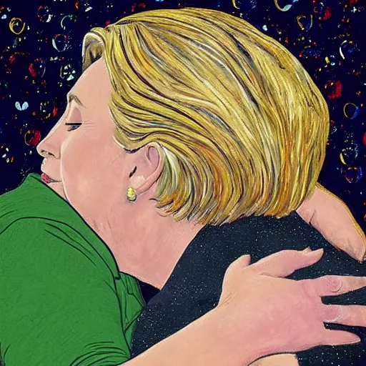 Prompt: hilary clinton kissing donald trump, in style of klimt's the kiss