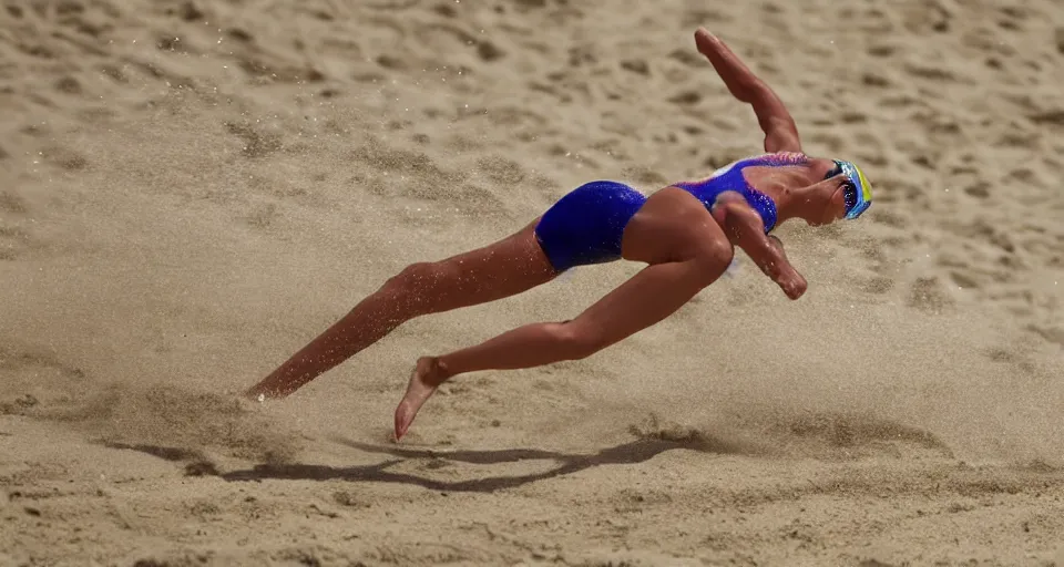 Image similar to olympic swimming in sand instead of water, extremely coherent, motion blur