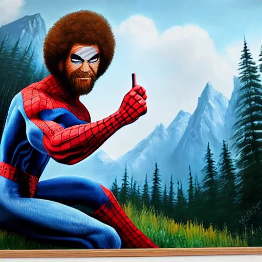 Image similar to a closeup photorealistic photograph of bob ross working on a canvas painting of spiderman. film still. brightly lit scene. mountains and trees. this 4 k hd image is trending on artstation, featured on behance, well - rendered, extra crisp, features intricate detail, epic composition and the style of unreal engine.