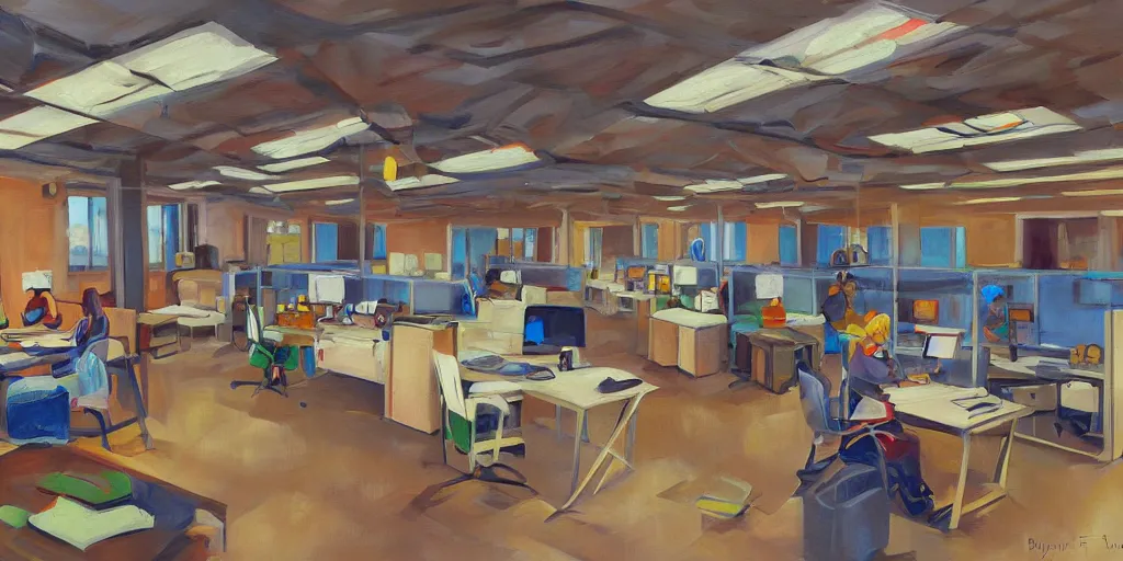 Prompt: painting workplace, art style by bryen frost