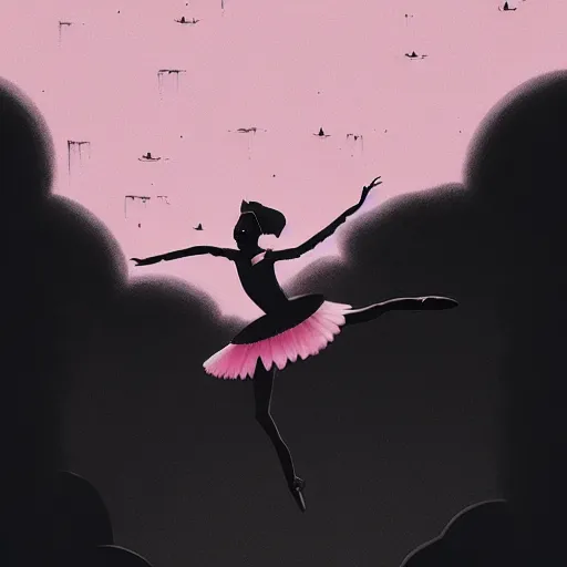 Prompt: a beautiful highly detailed matte painting of black devil ballerinas dancing on stage by atay ghailan, cliff chiang, loish and goro fujita, black, white and pink mystical tones, featured on artstation, featured on behance, grunge aesthetic, spooky