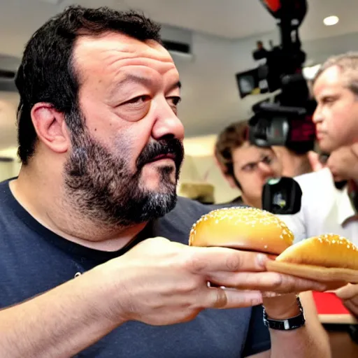 Image similar to Matteo Salvini eating a burger at McDonald’s, photograph, paparazzi