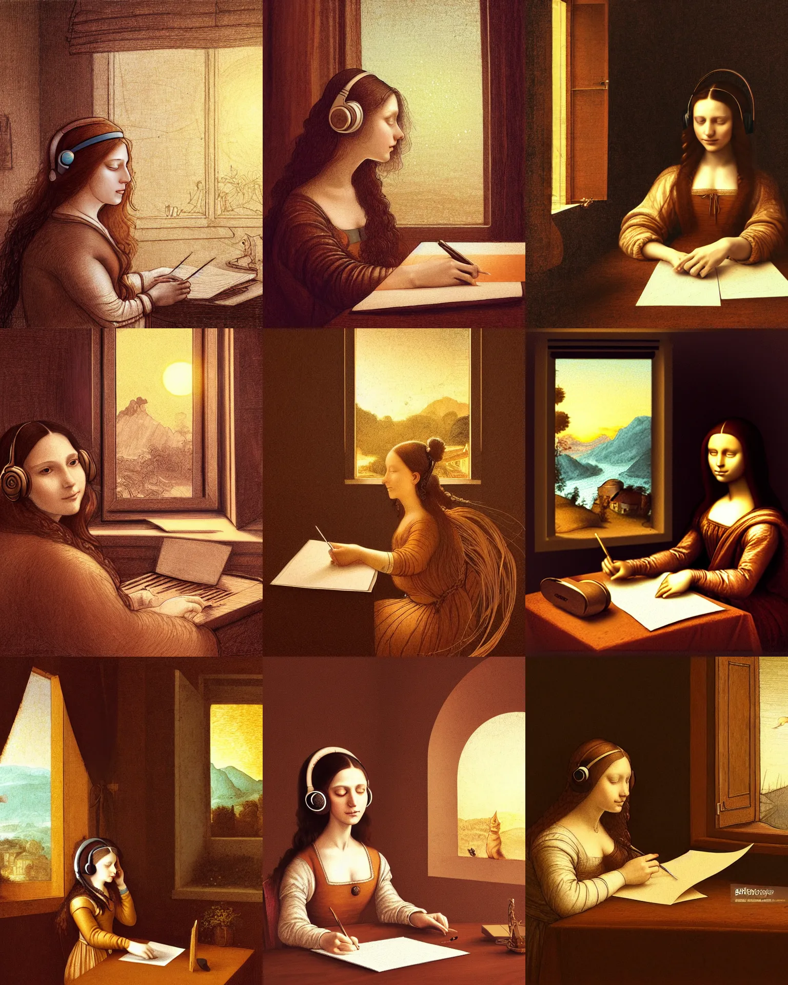 Prompt: Portrait of a long brown haired elegant woman with headphones in a warm glowing scenery writing on paper by leonardo da vinci, sunset, fat cat on desk, window in room, natural light beam, fantasy, intricate sparkling atmosphere, lofi, artstation, fine art, artgerm