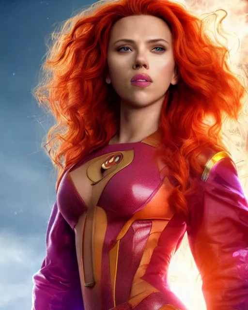 Image similar to scarlett johansson portraying a beautiful starfire, beautiful scarlett johansson starfire, movie, hyper realistic, hollywood promotional image, imax, 8 k