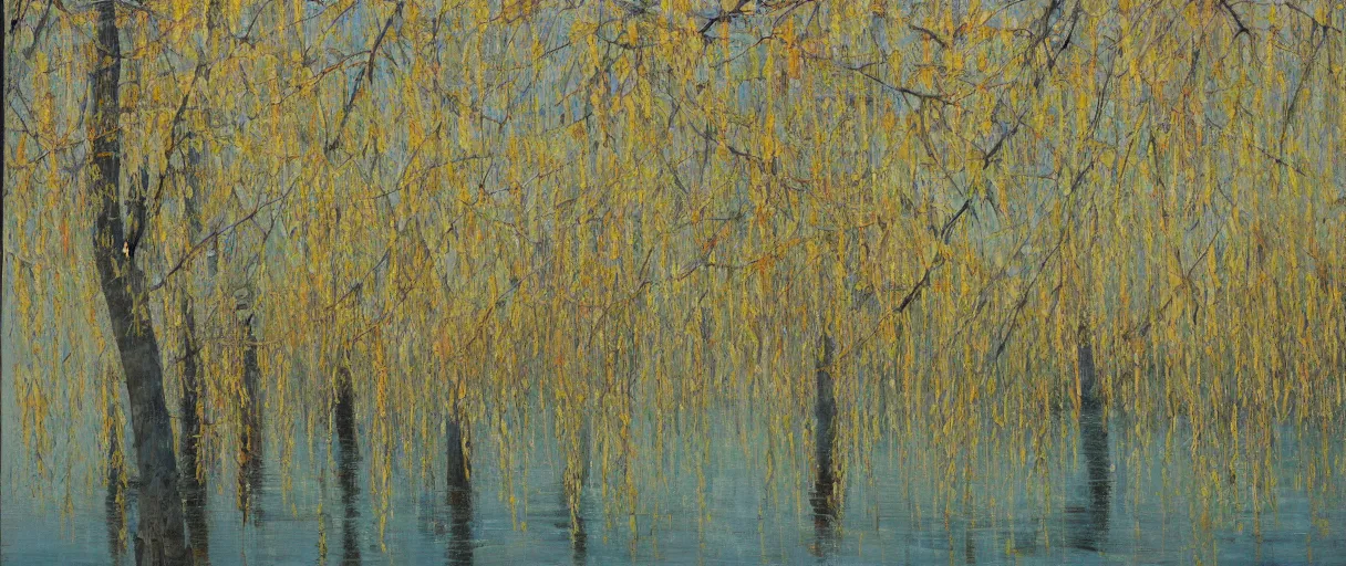 Prompt: A gentle breeze blows the willow trees in early spring , abstract, oil painting, by Zhao Wuji