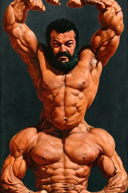 Image similar to matteo salvini wearing bronze age clothing, bodybuilder, anatomical, symmetrical, zoom out, high quality, high definition, 8 k, photograph photorealistic by frank frazetta