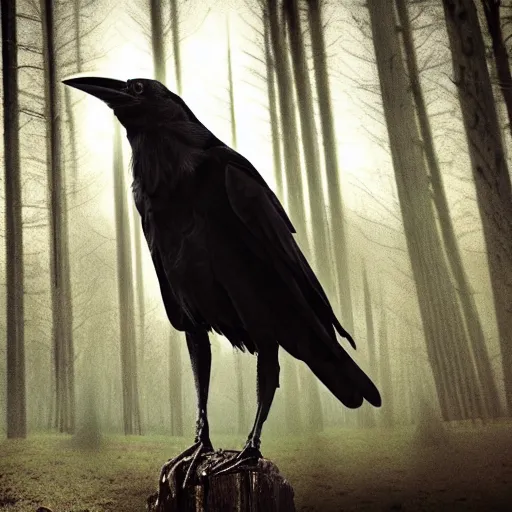 Image similar to werecreature consisting of a crow and a human, photograph captured in a dark forest