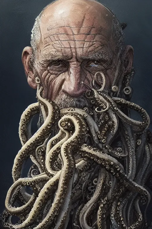 Image similar to portrait of an old fisherman with tentacles growing on him, eldritch, d & d, face, fantasy, intricate, elegant, highly detailed, digital painting, artstation, concept art, smooth, sharp focus, illustration, art by greg rutkowski