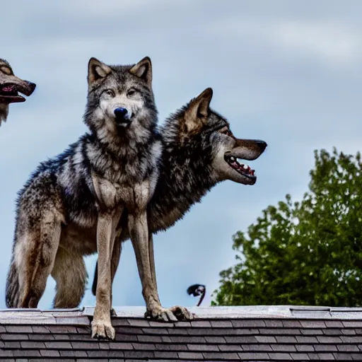 Image similar to wolf monsters sitting on the roof of a house in britain watching a pair of children walk down the road