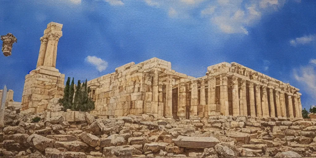 Image similar to painting of herods temple in jerusalem. 2 nd jewish temple. cinematic. epic framing, ultra wide angle, beautiful, 8 k