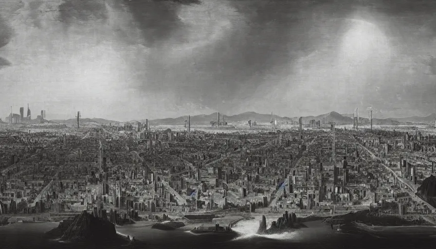 Image similar to planetary city of san francisco by ansel adams and bernardo bellotto