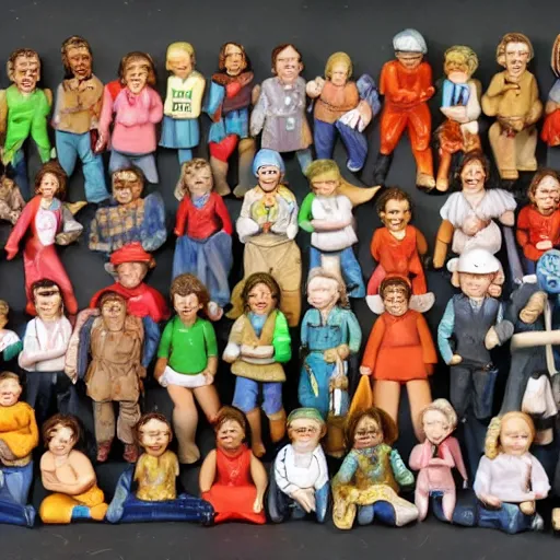 Prompt: photo of several miniature humans with various occupations. The tiny humans are all living inside a town that is inside a 1970s jellied salad