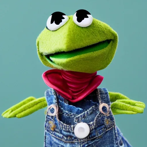 Image similar to kermit meme kermit the frog puppet hanging by his arm from a ceiling fan, highly detailed, photo realism, textured puppet, dslr