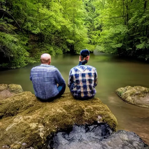 Prompt: two men sitting on a small damn on a river with a forest in the background