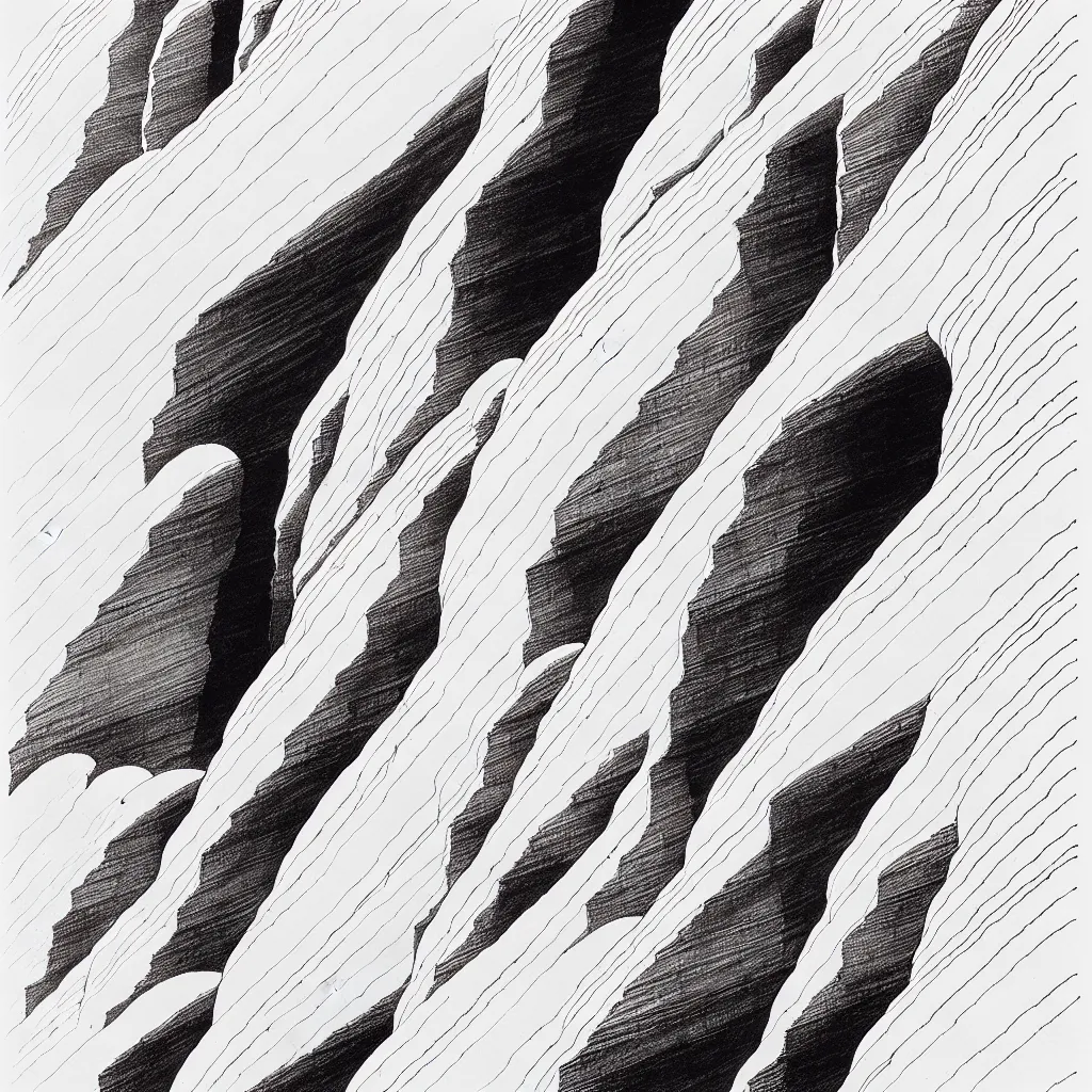 Image similar to slot canyons by moebius, minimalist ink drawing with long lines