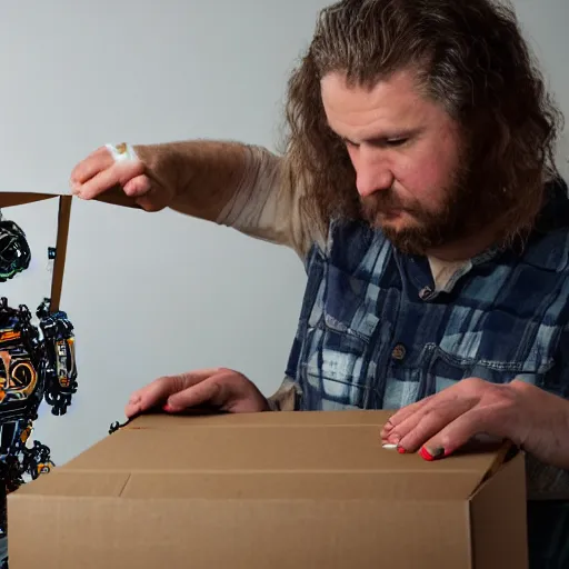 Prompt: a photo portrait of hobo creating a robogirl from the empty beer bottles and cardboard boxes. symmetry, awesome exposition, very detailed, highly accurate, professional lighting diffracted lightrays, 8 k, sense of awe