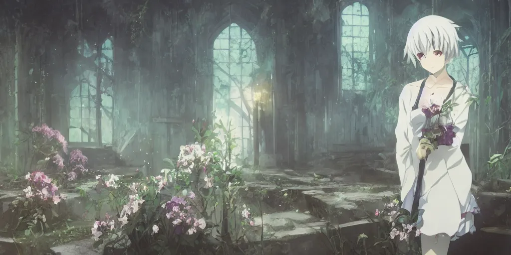 Prompt: anime kyoto animation key by greg rutkowski night, single white hair girl in abandoned chapel with overgrown flowers and plants