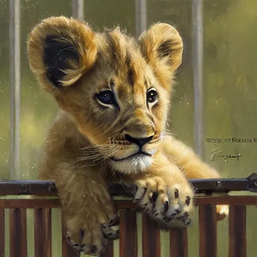 Image similar to adorable lion cub in a cage, oil painting, by greg rutkowski