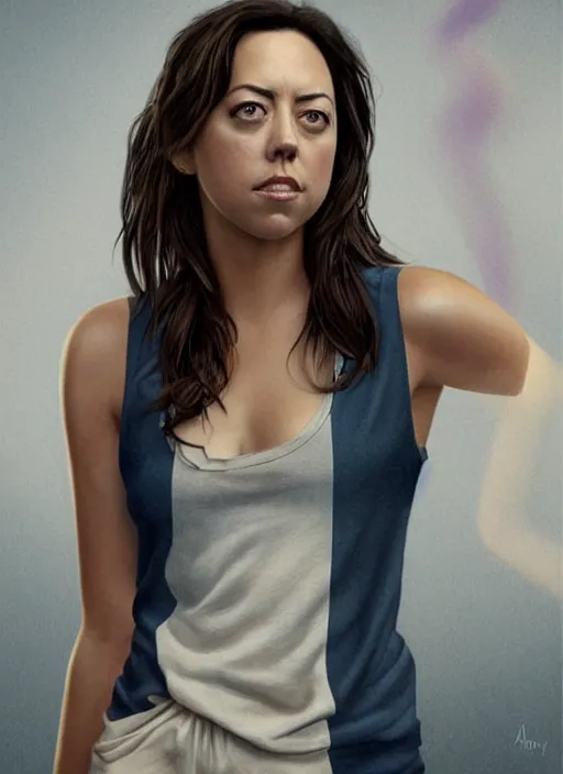 Image similar to full length photo of Aubrey Plaza in a tanktop in the style of stefan kostic, not realistic, sharp focus, 8k high definition, insanely detailed, intricate, elegant, art by stanley lau and artgerm