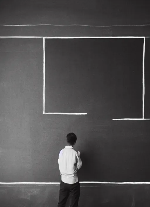 Prompt: a 3 5 mm photo from the back of a teacher standing in front of a blank blackboard, symmetrical, bokeh, canon 5 0 mm, cinematic lighting, film, photography, depth of field, award - winning, bokeh