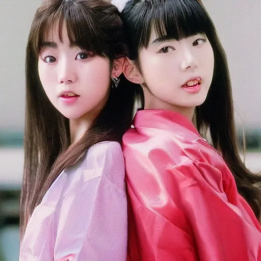 Image similar to 1990s, unbelievably beautiful, perfect, dynamic, epic, cinematic 8K HD movie shot of two semi-close-up japanese beautiful cute young J-Pop idols actresses girls, they express joy and posing together. By a Chinese movie director. Motion, VFX, Inspirational arthouse, high budget, hollywood style, at Behance, at Netflix, with Instagram filters, Photoshop, Adobe Lightroom, Adobe After Effects, taken with polaroid kodak portra