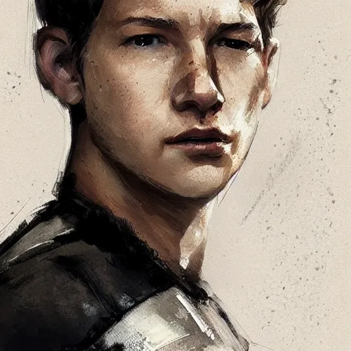 Image similar to portrait of a man by greg rutkowski, he looks like tye sheridan, he is about 2 0 years old, messy brown hair, tired eyes, he is wearing a black and white kevlar superhero suit, highly detailed portrait, digital painting, artstation, concept art, smooth, sharp foccus ilustration, artstation hq